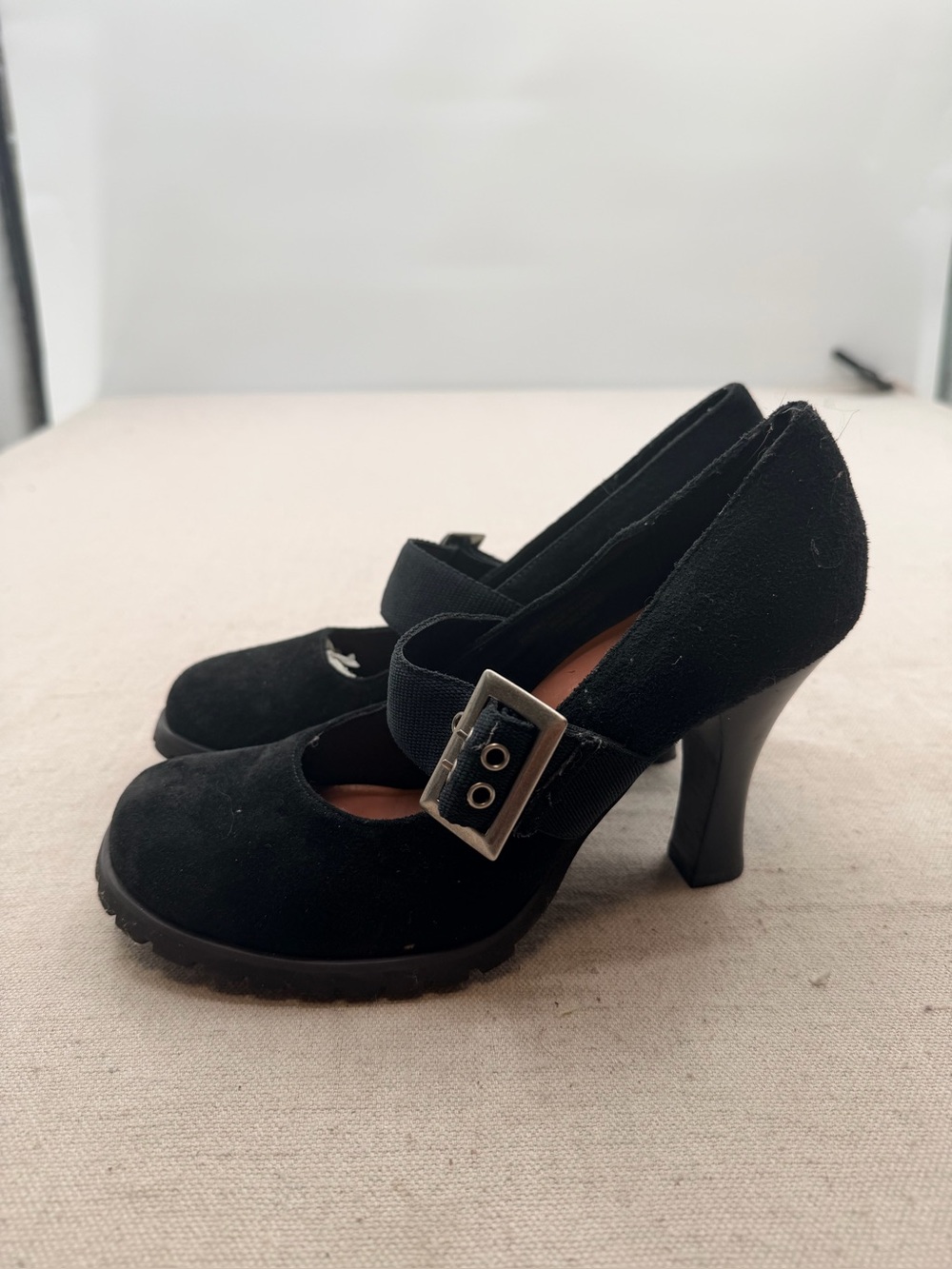 Colin Stuart Classic Black Suede Mary Jane High Heels with Buckle Strap